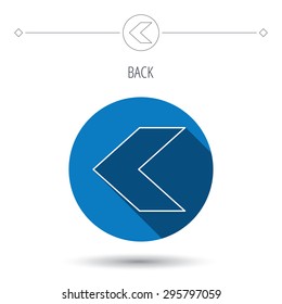 Back arrow icon. Previous sign. Left direction symbol. Blue flat circle button. Linear icon with shadow. Vector