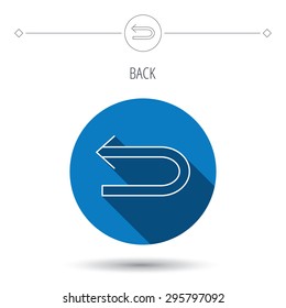 Back arrow icon. Previous sign. Left direction symbol. Blue flat circle button. Linear icon with shadow. Vector