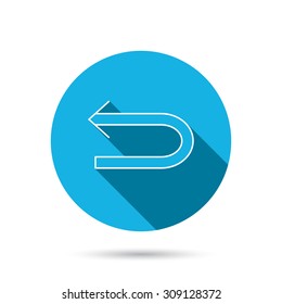 Back arrow icon. Previous sign. Left direction symbol. Blue flat circle button with shadow. Vector