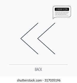 Back arrow icon. Previous sign. Left direction symbol. Linear outline icon. Speech bubble of dotted line. Vector