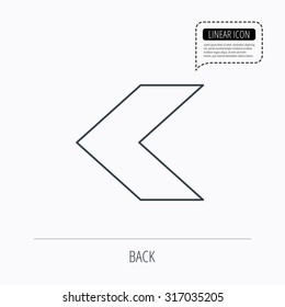 Back arrow icon. Previous sign. Left direction symbol. Linear outline icon. Speech bubble of dotted line. Vector