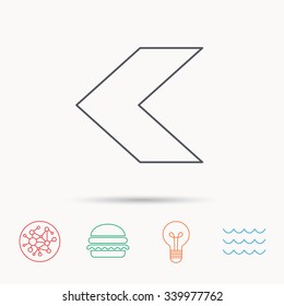 Back arrow icon. Previous sign. Left direction symbol. Global connect network, ocean wave and burger icons. Lightbulb lamp symbol.