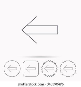 Back arrow icon. Previous sign. Left direction symbol. Linear circle, square and star buttons with icons.