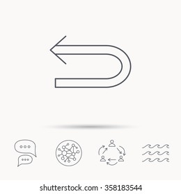 Back arrow icon. Previous sign. Left direction symbol. Global connect network, ocean wave and chat dialog icons. Teamwork symbol.
