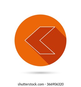 Back arrow icon. Previous sign. Left direction symbol. Round orange web button with shadow.