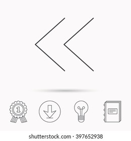 Back arrow icon. Previous sign. Left direction symbol. Download arrow, lamp, learn book and award medal icons.