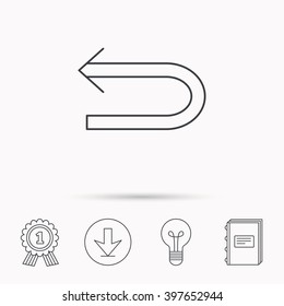 Back arrow icon. Previous sign. Left direction symbol. Download arrow, lamp, learn book and award medal icons.