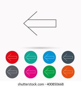 Back arrow icon. Previous sign. Left direction symbol. Linear icons in circles on white background.