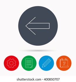 Back arrow icon. Previous sign. Left direction symbol. Calendar, cogwheel, document file and pencil icons.