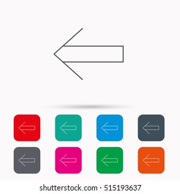 Back arrow icon. Previous sign. Left direction symbol. Linear icons in squares on white background. Flat web symbols. Vector