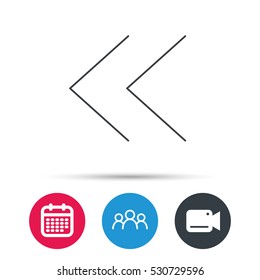 Back arrow icon. Previous sign. Left direction symbol. Group of people, video cam and calendar icons. Vector