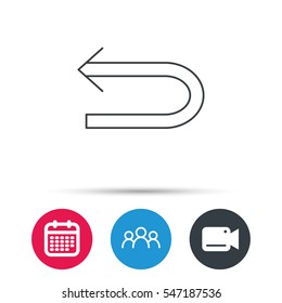 Back arrow icon. Previous sign. Left direction symbol. Group of people, video cam and calendar icons. Vector