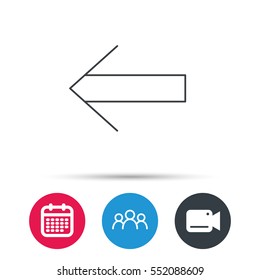 Back arrow icon. Previous sign. Left direction symbol. Group of people, video cam and calendar icons. Vector