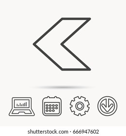 Back arrow icon. Previous sign. Left direction symbol. Notebook, Calendar and Cogwheel signs. Download arrow web icon. Vector