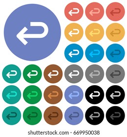 Back arrow multi colored flat icons on round backgrounds. Included white, light and dark icon variations for hover and active status effects, and bonus shades on black backgounds.