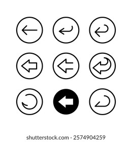 Back arrow round buttons icon set. Interface elements for mobile and web software development. Black arrow inside a circle. Line style design. Adjustable stroke width and type.