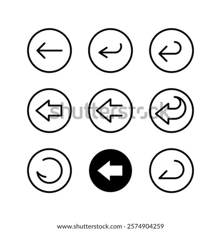 Back arrow round buttons icon set. Interface elements for mobile and web software development. Black arrow inside a circle. Line style design. Adjustable stroke width and type.