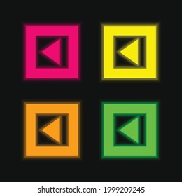 Triángulo de flecha atrás en botón cuadrado bruto cuatro colores brillante icono vector neón