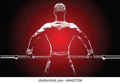 The back of the athlete holding the barbell in hands svg
