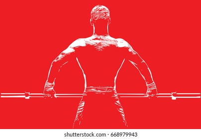 The back of the athlete holding the barbell in hands