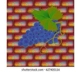 Back background of a brick wall. A ripe bunch of grapes. Vector illustration.