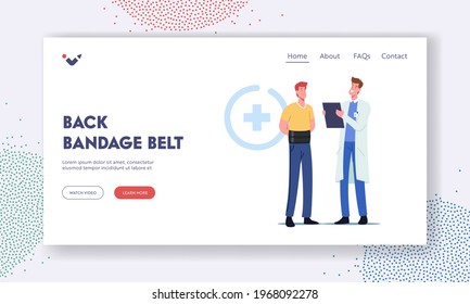 Back Bandage Belt Landing Page Template. Male Character Wearing Orthopedic Medic Bandage for Spine Backache Treatment. Scoliosis or Deformation Medical Health Care Concept. Cartoon Vector Illustration