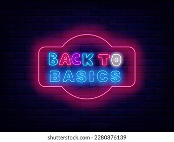 Back to basics neon emblem. Vintage pink frame on brick wall. Event poster template. Education concept. Glowing september signboard. Vector stock illustration