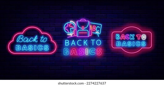 Back to basics neon labels collection. Vintage pink frames on brick wall. Backpack, globe and chalckboard. Event poster template. Education school concept. Glowing signs set. Vector stock illustration