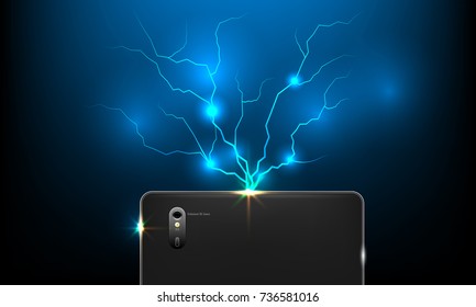 back of a black 3D phone with a camera and a bolt, vector illustration.