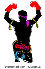 Back of Black silhouette Muay thai character in complete suit with respect to boxing teacher demeanor art vector (EPS10)