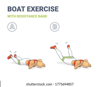 Back Boat with Resistance Band Exercise illustration. Colorful Concept of Girls Back Strength Workout with Elastic Band.