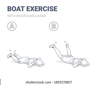 Back Boat With Resistance Band Home Workout Female Exercise Illustration. Outline Concept Of Girls Back Strength Workout.