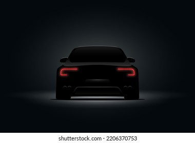 Diseño vectorial rojo del freno de la luz trasera del coche en fondo negro. Ilustración nocturna de diseño oscuro realista de 3 coches