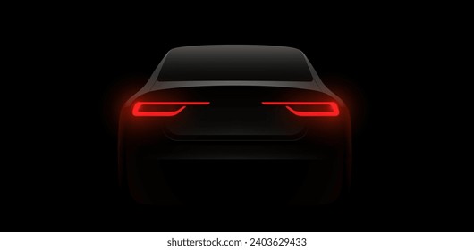 Back car silhouette with rear red lights on dark black background, wallpaper, banner template. Vector illustration