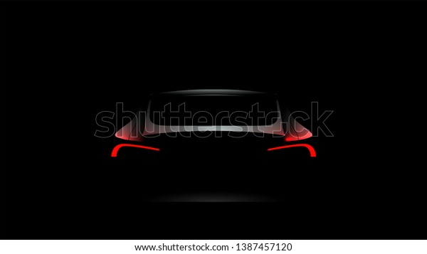 Back car\
silhouette with rear red lights on dark black background,\
wallpaper, banner template. Vector\
illustration.