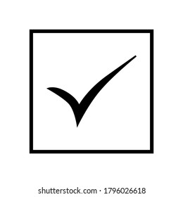 Back check mark in black square on white background. Tick icon vector symbol, checkmark isolated on white background, checked icon or correct choice sign, check mark or checkbox pictogram.