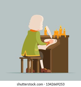 Back chronicler noble writer scribe playwright medieval aristocrat periwig pen music stand scroll candles cartoon mascot design vector illustration