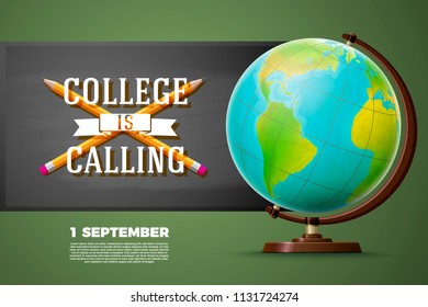 Back to college banner template, with globe and chalkboard. Vector illustration.
