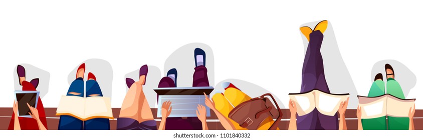 Back to college or school vector illustration of students sitting on bench and reading books. College boy and girl teens with school bags, smartphones and laptops on cartoon background top view