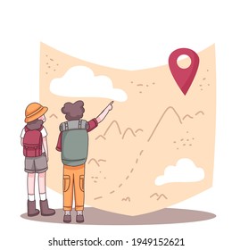 La parte posterior de la aventura de la pareja con la mochila de la marca en el mapa para el senderismo y la escalada en el personaje de la caricatura, ilustración vectorial plana