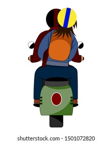 The back of a couple who ride a motorcycle.