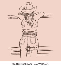 Back of cowgirl in hat vector for illustration, card, decoration