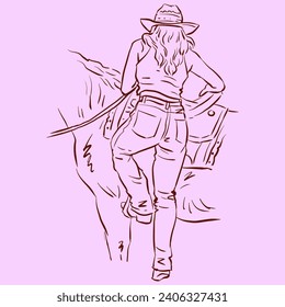 Back of cowgirl with horse vector for illustration, card, decoration