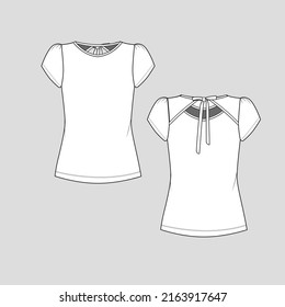 Back Cut out Knotted T shirt Top crew neck puff short sleeve knot tie fashion t shirt top blouse clothing flat sketch technical drawing template design vector