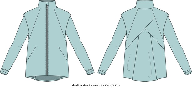 Back Detail Soft Shell Jacket front and back flat sketch technical drawing vector illustration template