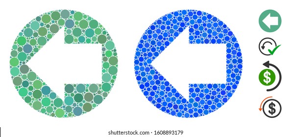 Back direction mosaic of circle elements in various sizes and color tones, based on back direction icon. Vector circle elements are composed into blue illustration.