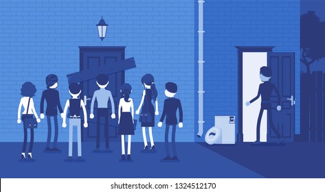 Back door rear entrance, indirect dishonest access. Smart man solving problem by trick and deceit, achieving business goal in cunning way, finds hidden opportunity, fraud cheating. Vector illustration