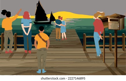 
back drawn vectors of couple, lonely people and friends watching the sunset by the sea