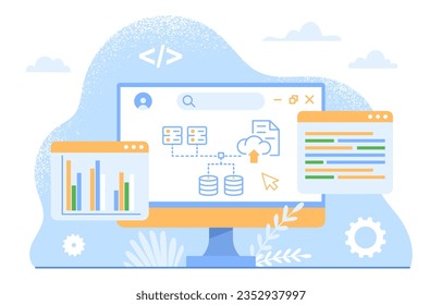 Back End Develop concept. Programming and development of mobile programs and applications. Computer with lines of code. Website and web page optimization. Cartoon flat vector illustration