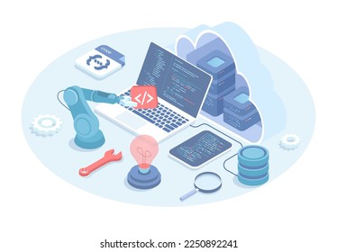 Back end development. Backend app development process. Software engineering, coding, programming. Vector illustration in 3d design. Isometric web banner.	
